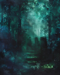 The Enchanted Forest or Fairytale forest.A beautiful dark forest. An illustration for a fairy tale
