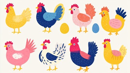 A set of colorful cartoon chickens with one of them holding an egg. The chickens are arranged in a row, with some standing closer to the viewer and others further away. Scene is cheerful and playful