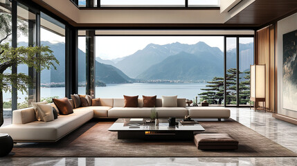 Fototapeta premium A mid century modern interior design in a luxurious living room with a large window view of the forest and sofa and table. Generative AI 