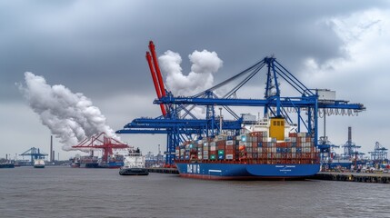 Fototapeta premium Cranes and cargo ships dominate the port area, with industrial smoke rising from a nearby power plant, showcasing a bustling maritime environment