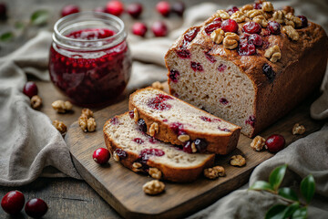 Cranberry walnut bread with fresh cranberry jam on a rustic wooden table