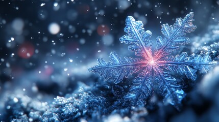 Close-up of a beautiful snowflake with intricate details, shimmering against a frosty background, perfect for winter themes.
