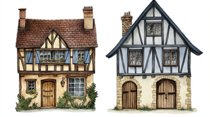 Fototapeta premium Old European city town street house, timber fachwerk facades, watercolor clipart illustration
