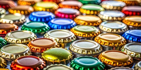 Close-up of beer bottle tops with various designs and colors