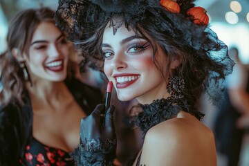Fototapeta premium Woman in Halloween Costume Applying Lipstick with Reflection in Mirror