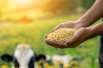 A man is holding a bag of corn in his hand. The man is standing in a field with a cow in the background