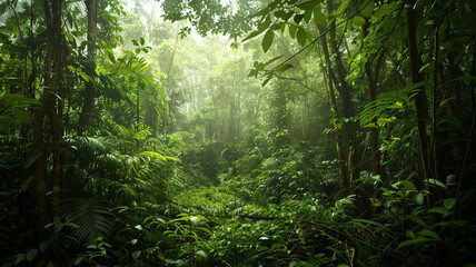 a dense forest with thick underbrush and a sense of untouched wilderness