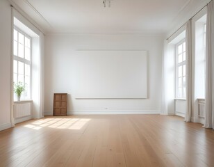 Fototapeta premium A large white canvas hanging on a white wall in a spacious room with wooden floors and large windows.