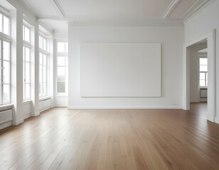 Fototapeta premium A large white canvas hanging on a white wall in a spacious room with wooden floors and large windows.