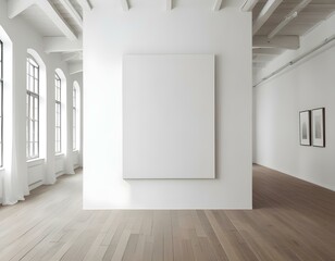 A large white canvas hanging on a white wall in a spacious room with wooden floors and large windows.
