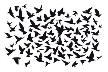 A large group of birds flying in the sky. The birds are in various positions and sizes, creating a sense of movement and freedom. The image evokes a feeling of peace and tranquility