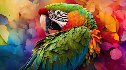 Obraz premium Vivid hues adorn nature's canvas. A Great-Green Macaw's piercing gaze against a vibrant backdrop, a symphony of colors that captivates the senses. 