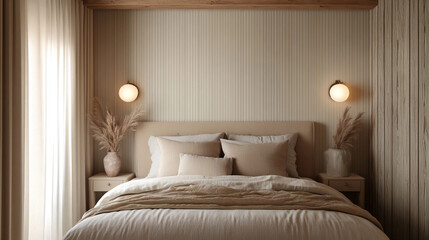 Modern interior. This bedroom has white patterned walls, a comfortable bed, and Scandinavian interior design. Generative AI