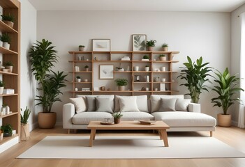 A modern living room with a large Canvas on the wall, surrounded by wooden shelves and potted plants.