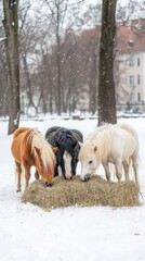 Obraz premium Four horses gather around bales of hay in a snowy environment, calmly eating while snowflakes drift down, creating a tranquil winter ambiance