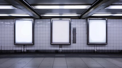 Three Blank Vertical Billboards on White Tile Wall