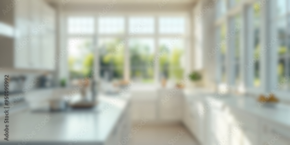 Wall mural blurred clean kitchen in the morning , defocused empty island countertop table, cozy house cooking a