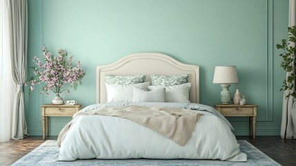 A sophisticated bedroom featuring mint green walls, cozy bedding, and charming floral decor, creating a peaceful and elegant ambiance.