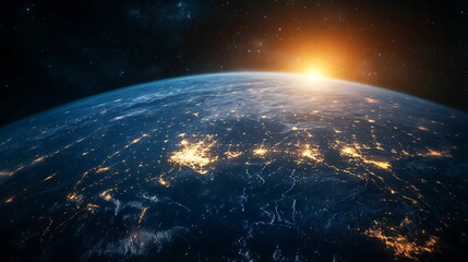Fototapeta premium A breathtaking view of Earth from space, showcasing glowing city lights across the planet as the sun rises on the horizon.