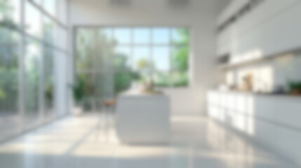 Fototapeta premium Blurred clean kitchen in the morning , defocused empty island countertop table, cozy house cooking area interior background