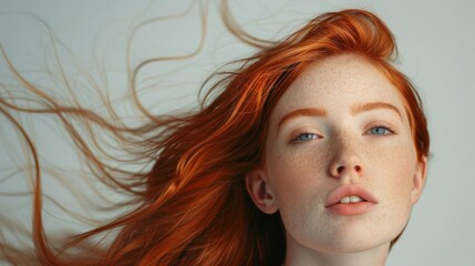 Fototapeta premium Close-up of red-haired girl's face on plain neutral background. Concept of improving hair appearance, revealing femininity and attractiveness, developing hairdressing business. 