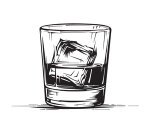 Hand Drawn Vintage Whiskey Glass with Ice Cubes Illustration in Woodcut Style