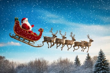 An image of Santa Claus riding on his sleigh with a gift box attached