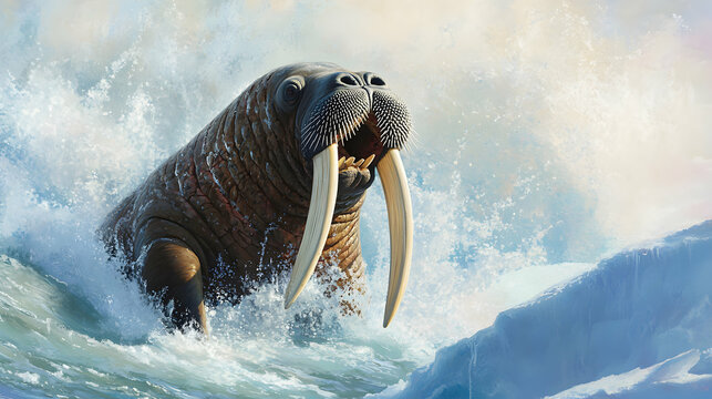A walrus majestically emerging from icy waters, water cascading off its blubbery body and tusks