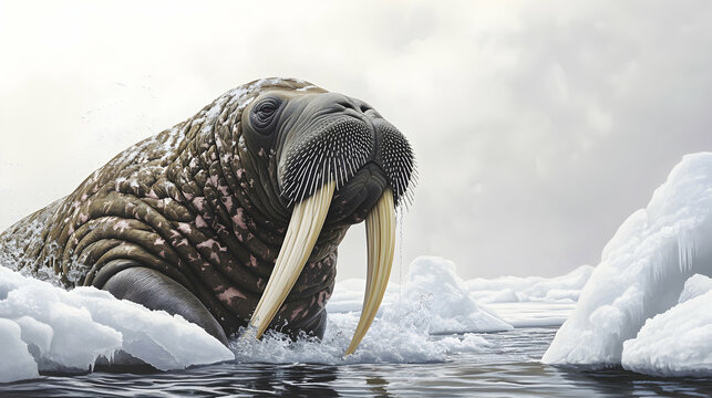 A walrus majestically emerging from icy waters, water cascading off its blubbery body and tusks