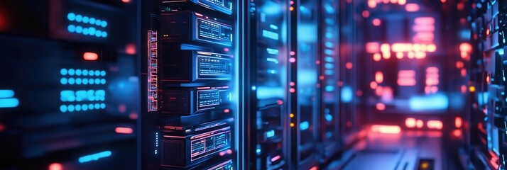Naklejka premium Dark night server room digital technology futuristic night poster or banner with glowing lights red, orange, blue and yellow