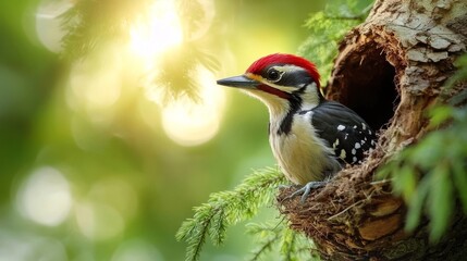Woodpecker in a green forest