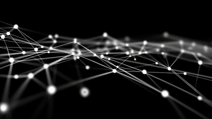 A black and white image of a bunch of dots that are connected to each other. The image has a futuristic and abstract feel to it