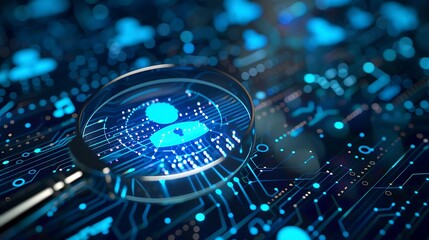 Magnifying Glass Focusing on Digital Identity Concept with Circuit Board Background
