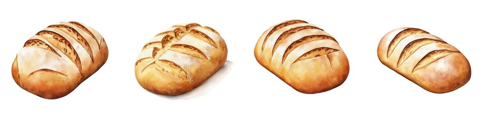 Naklejka premium Freshly baked loaves of bread lined up, showcasing a golden crust and tempting texture, perfect for culinary visuals.