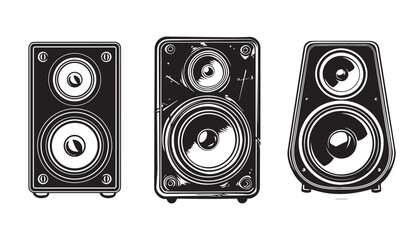 Hand-Drawn Set of Speakers in Black and White Woodcut Style Vector Illustration