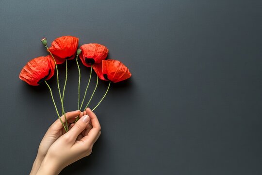 Remembrance day, Veteran's Day, Anzac Day, lest we forget concept hand holding red poppy flowers