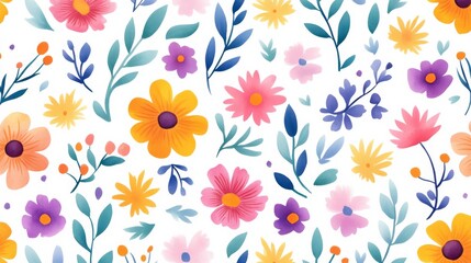 A colorful floral pattern with a variety of flowers and leaves. The flowers are in different colors and sizes, and the leaves are also varied in size and shape. Scene is cheerful and vibrant