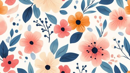A colorful floral pattern with blue and pink flowers. The flowers are arranged in a way that creates a sense of movement and liveliness. Scene is cheerful and uplifting