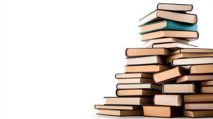 A stack of hardcover books neatly arranged on a plain white background, ideal for a reading campaign with plenty of space for text.