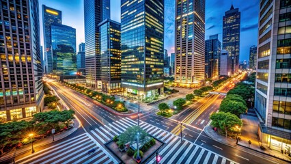 Fototapeta premium A bustling city intersection illuminated by glittering lights and skyscrapers , urban, cityscape, nightlife, bustling