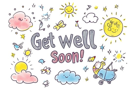 Cheerful Get Well Soon Message with Playful Doodles in Crayon Style for Children's Cards and Gifts