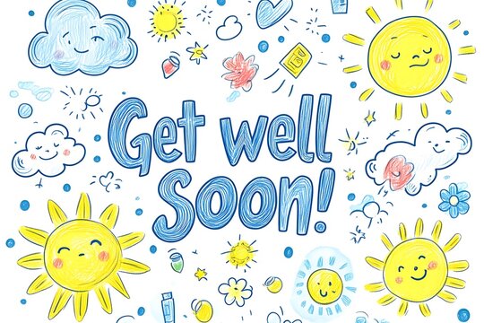 Playful Get Well Soon Greeting Card with Whimsical Doodles of Sunshine and Clouds in Crayon Drawing Style for Kids on White Background