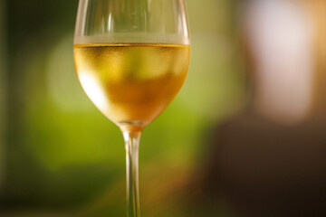 A sparkling glass of golden wine reflects the warmth of a lovely outdoor moment, inviting relaxation and joy.