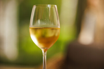 A sparkling glass filled with golden wine catches the sunlight, enhancing the warmth of a relaxed afternoon moment.