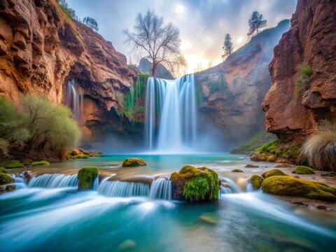 Mooney Falls in January, showcasing the ethereal quality of the mist, with a long exposure and a slow shutter speed, creating a dreamy, surreal atmosphere.