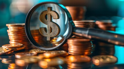 Obraz premium Exploring the Value of Money Through Coins and Magnifying Glass