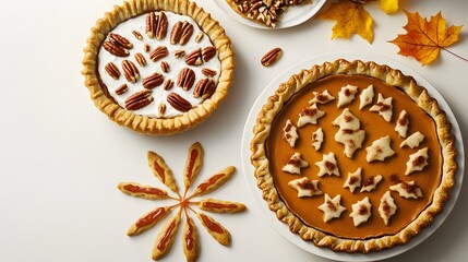 Fototapeta premium Delicious pecan and pumpkin pies with decorative cookies.