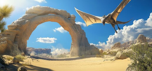 Fototapeta premium On a sunny day in the desert, a spaceship is flying above amazing arch-shaped rock formations in a futuristic sci-fi landscape.