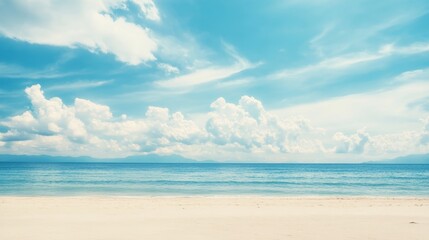 Abstract background of tropical beach with blue sky and white clouds. Summer vacation vacation business travel concept.