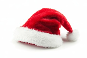 Santa's hat with a white pompom, isolated on transparent background, holiday greetings and a red Christmas background, PNG format